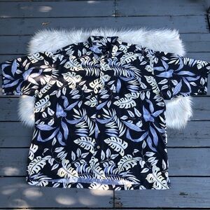 Cotton Reel 100% Silk Tropical Rain Forest Plant Button Down Navy Men Shirt 3XL
